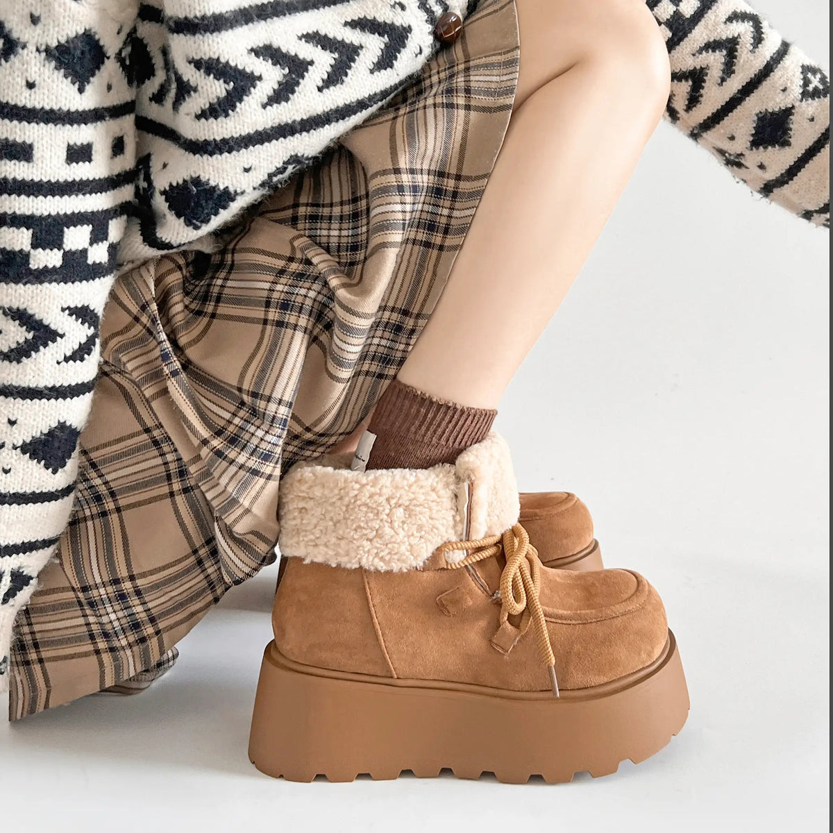 Shoes in Closet 厚底 プラットフォーム レースアップ ボア ムートン ブーツ 5840 キャメル SIC-5840_CAMEL