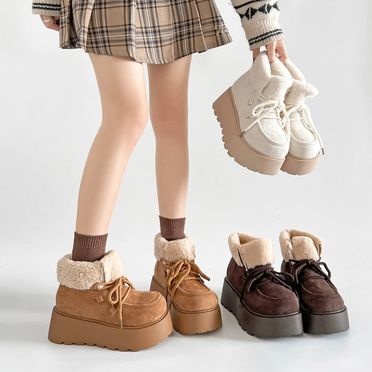 Shoes in Closet 厚底 プラットフォーム レースアップ ボア ムートン ブーツ 5840 アイボリー SIC-5840_IV