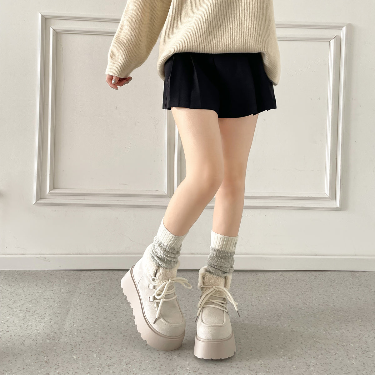 Shoes in Closet 厚底 プラットフォーム レースアップ ボア ムートン ブーツ 5840 アイボリー SIC-5840_IV