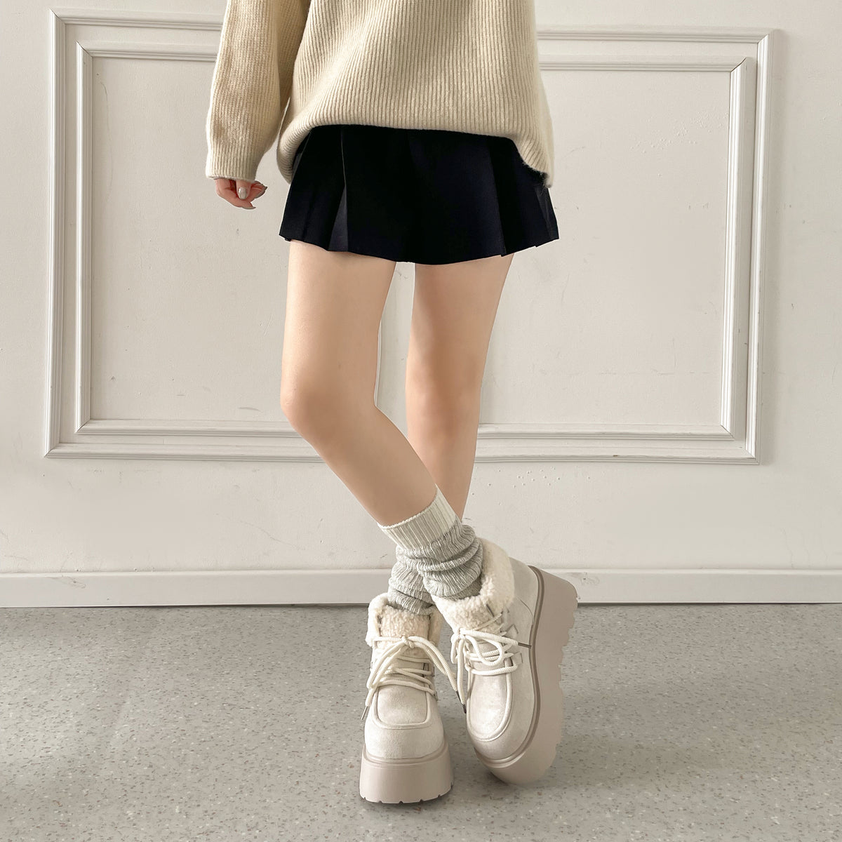 Shoes in Closet 厚底 プラットフォーム レースアップ ボア ムートン ブーツ 5840 アイボリー SIC-5840_IV