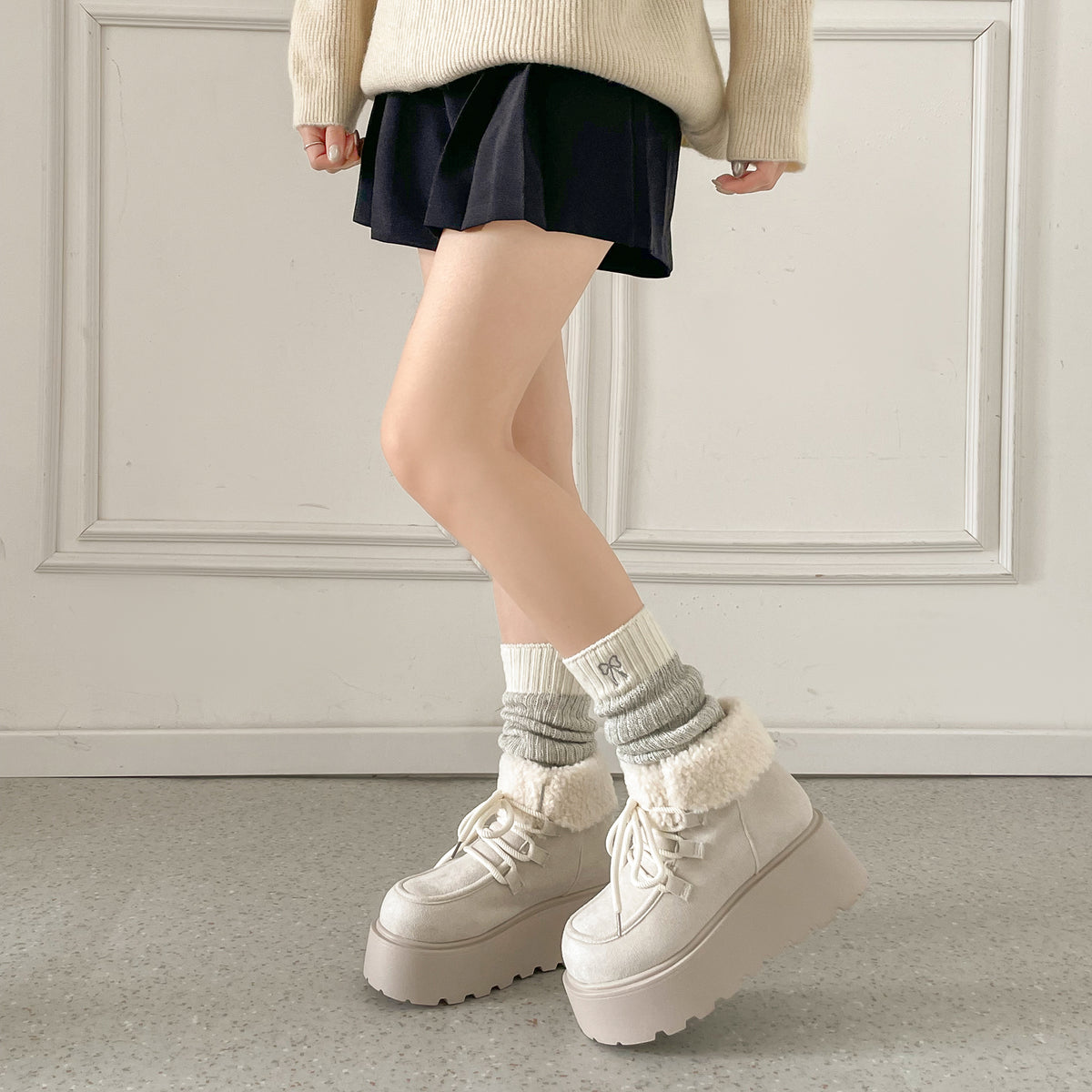 Shoes in Closet 厚底 プラットフォーム レースアップ ボア ムートン ブーツ 5840 アイボリー SIC-5840_IV