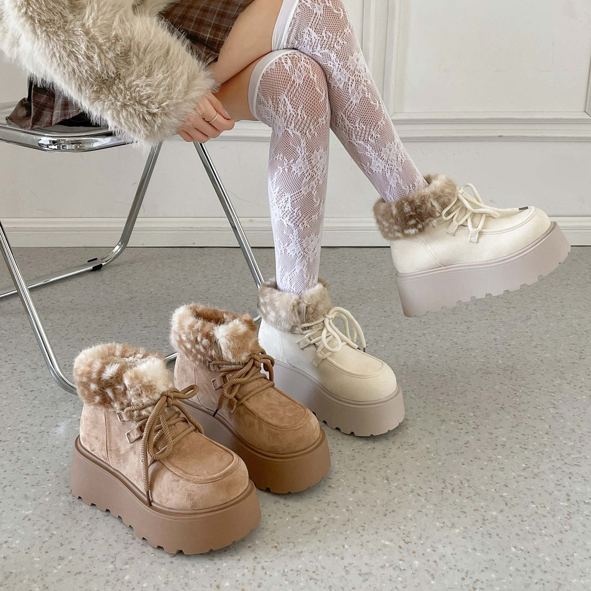 Shoes in Closet 厚底 プラットフォーム レースアップ ボア ムートン ブーツ 5840 アイボリー/バンビ SIC-5840_IV/B