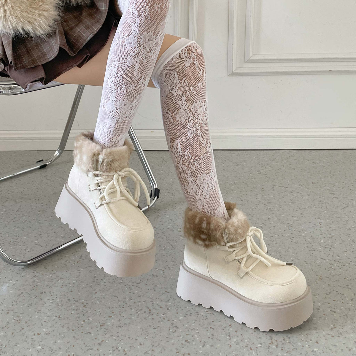 Shoes in Closet 厚底 プラットフォーム レースアップ ボア ムートン ブーツ 5840 アイボリー/バンビ SIC-5840_IV/B