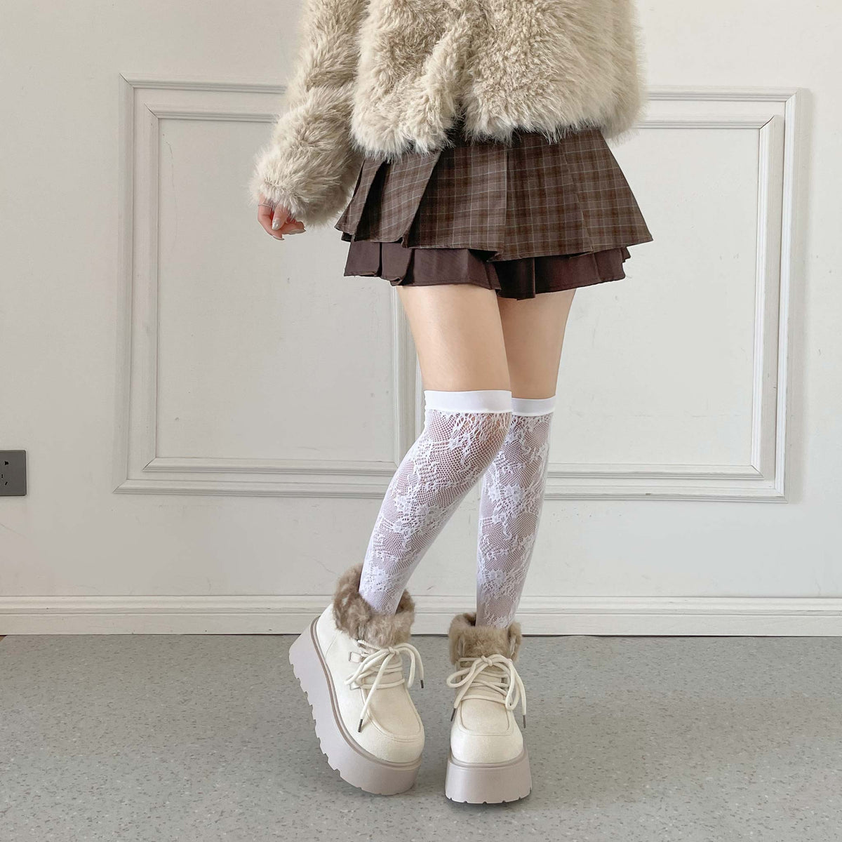 Shoes in Closet 厚底 プラットフォーム レースアップ ボア ムートン ブーツ 5840 アイボリー/バンビ SIC-5840_IV/B