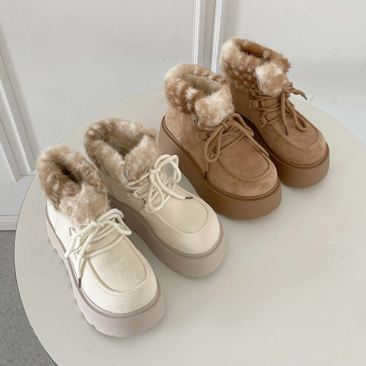 Shoes in Closet 厚底 プラットフォーム レースアップ ボア ムートン ブーツ 5840 ライトベージュ/バンビ SIC-5840_LT.BG/B