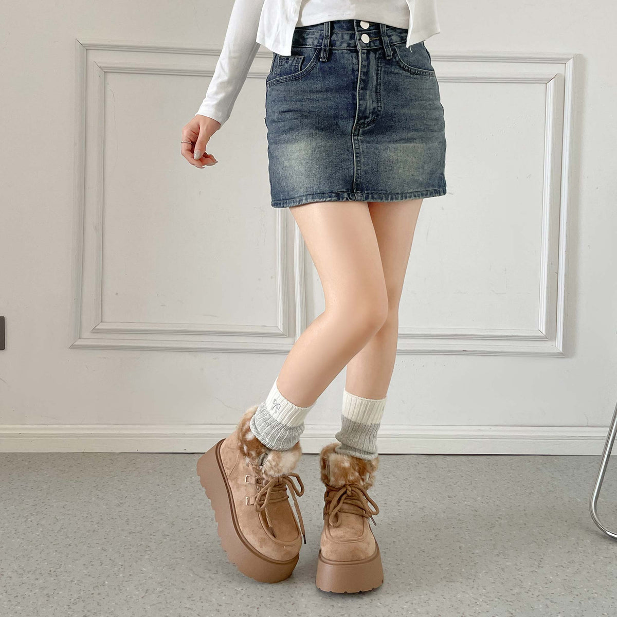 Shoes in Closet 厚底 プラットフォーム レースアップ ボア ムートン ブーツ 5840 ライトベージュ/バンビ SIC-5840_LT.BG/B