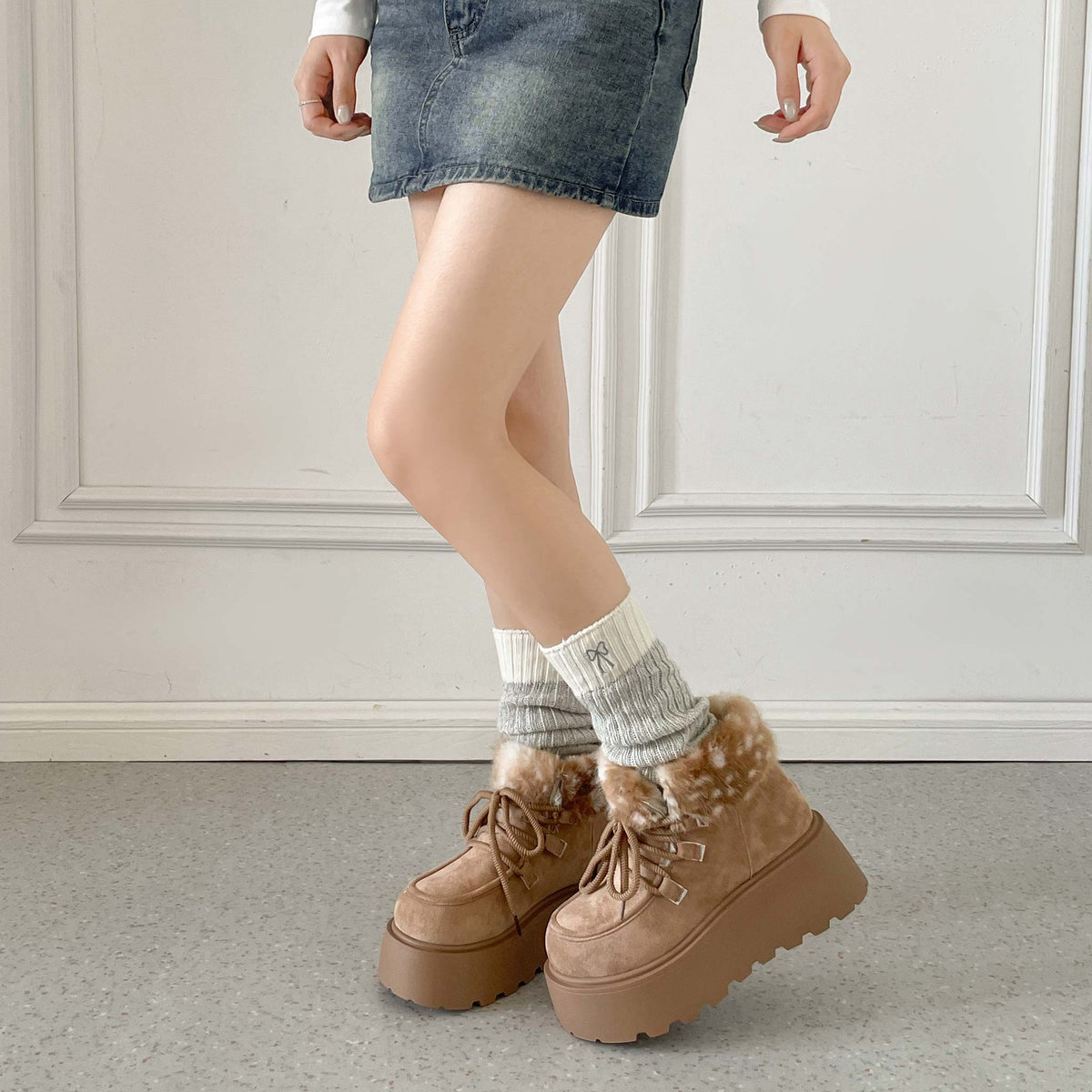 Shoes in Closet 厚底 プラットフォーム レースアップ ボア ムートン ブーツ 5840 ライトベージュ/バンビ SIC-5840_LT.BG/B