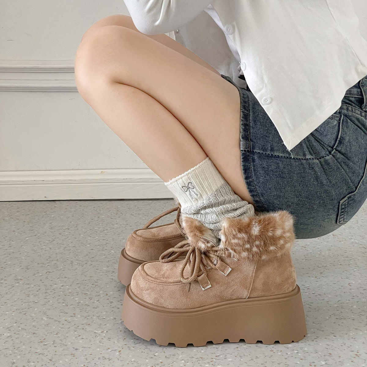 Shoes in Closet 厚底 プラットフォーム レースアップ ボア ムートン ブーツ 5840 ライトベージュ/バンビ SIC-5840_LT.BG/B