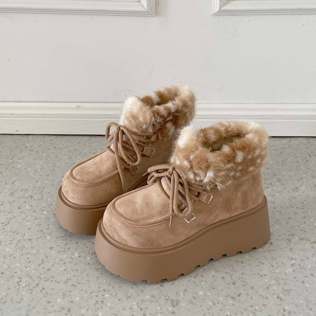 Shoes in Closet 厚底 プラットフォーム レースアップ ボア ムートン ブーツ 5840 ライトベージュ/バンビ SIC-5840_LT.BG/B