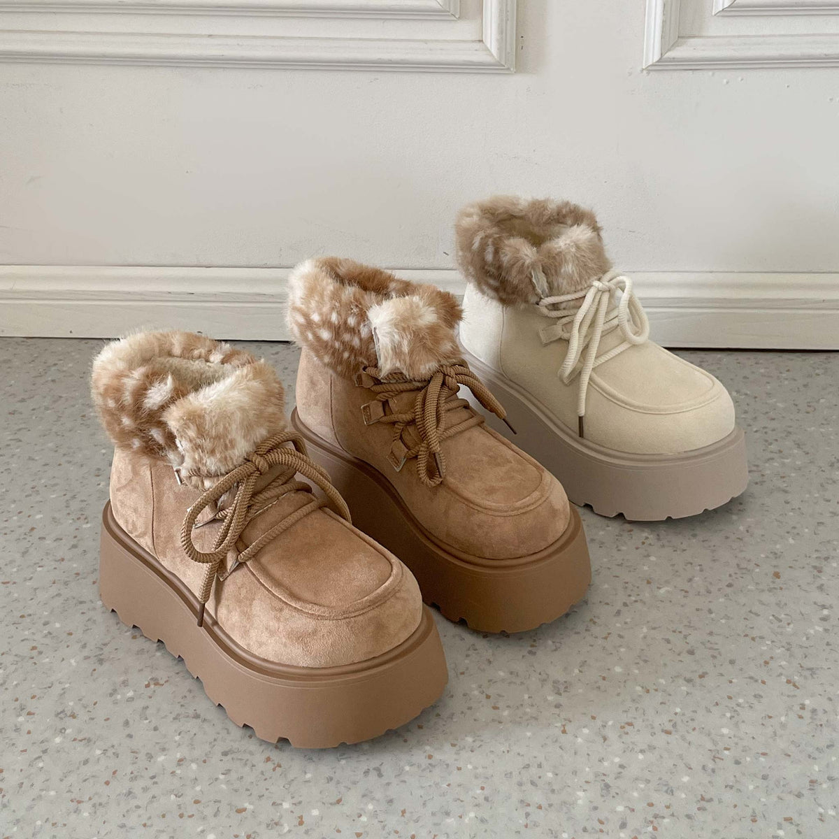 Shoes in Closet 厚底 プラットフォーム レースアップ ボア ムートン ブーツ 5840 ライトベージュ/バンビ SIC-5840_LT.BG/B