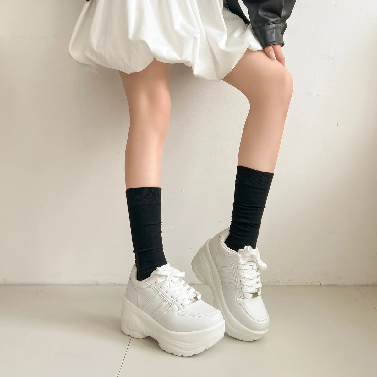 Shoes in Closet +9.0cm 軽量 厚底 スタイルアップソール ダブルライン スニーカー 5857 ホワイト SIC-5857_WHT