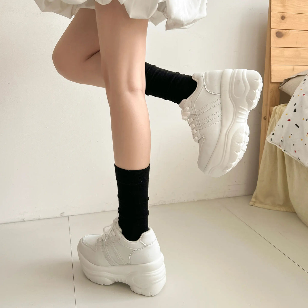 Shoes in Closet +9.0cm 軽量 厚底 スタイルアップソール ダブルライン スニーカー 5857 ホワイト SIC-5857_WHT