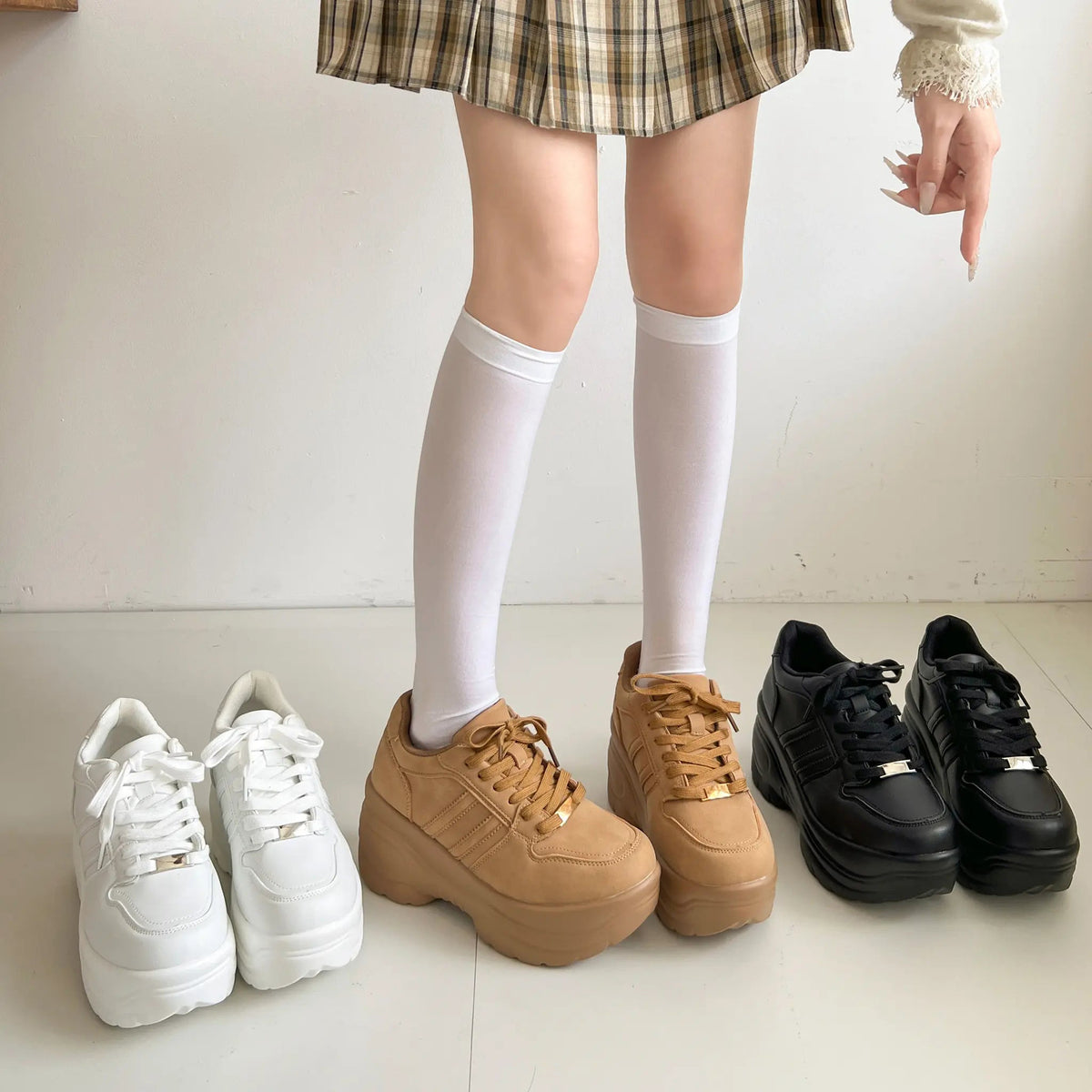 Shoes in Closet +9.0cm 軽量 厚底 スタイルアップソール ダブルライン スニーカー 5857 ホワイト SIC-5857_WHT