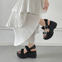 【SALE】 Shoes in Closet +9.0cm 軽量 厚底 ダブルベルト ビジューバックル スポーツサンダル 5920 ブラック/ブラック SIC-5920_BLK/BLK