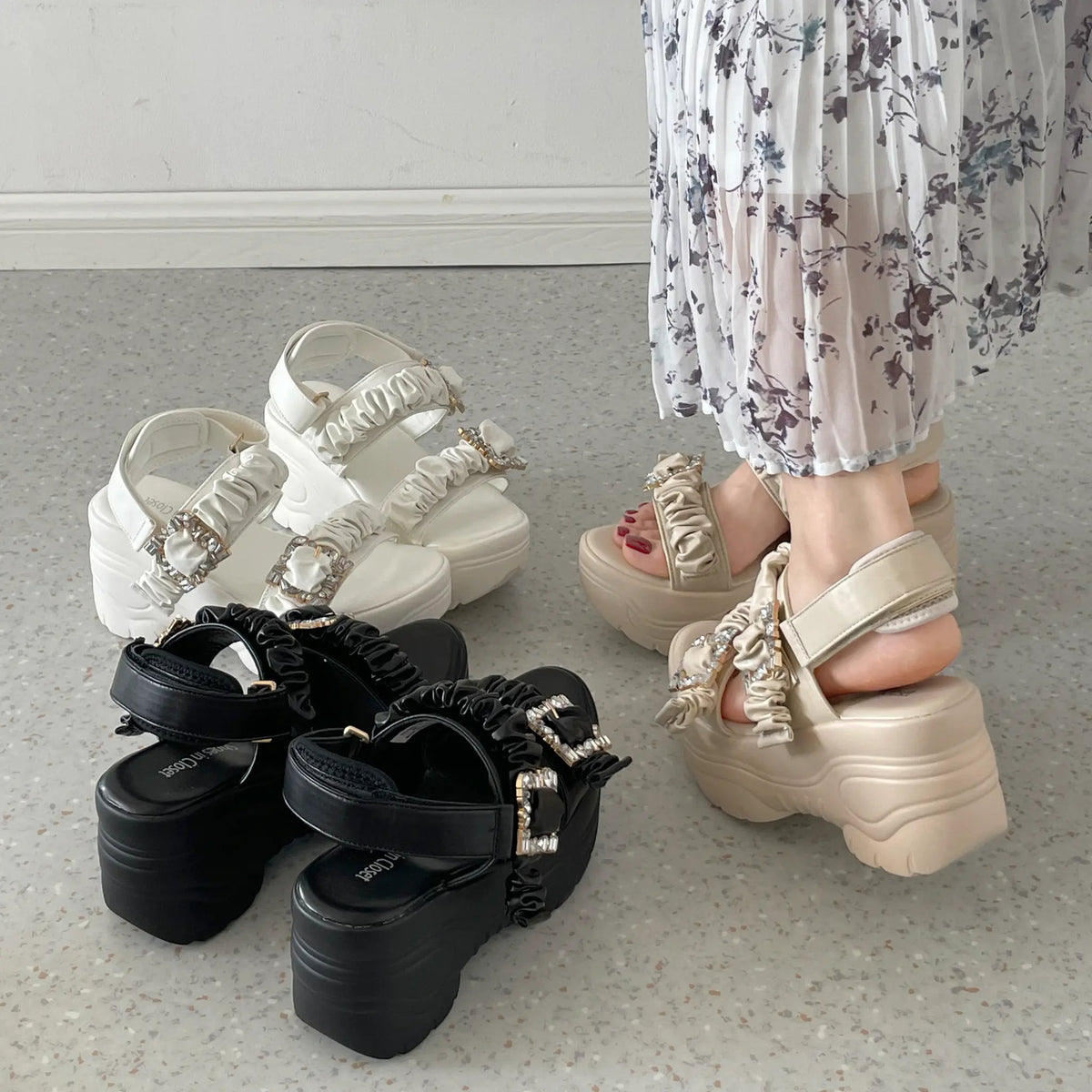 Shoes in Closet +9.0cm 軽量 厚底 ダブルベルト ビジューバックル スポーツサンダル 5920 ブラック/ブラック SIC-5920_BLK/BLK