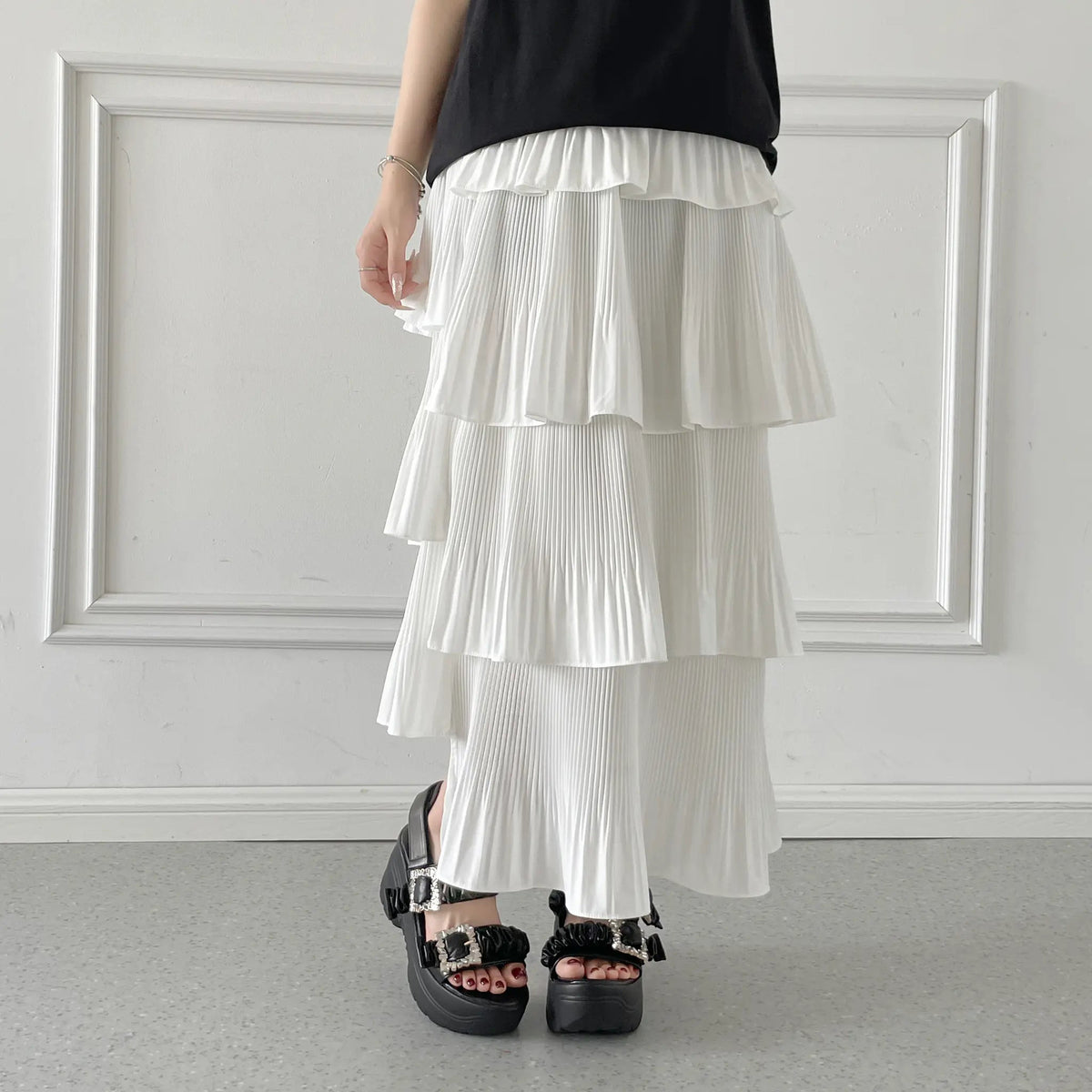 Shoes in Closet +9.0cm 軽量 厚底 ダブルベルト ビジューバックル スポーツサンダル 5920 ブラック/ブラック SIC-5920_BLK/BLK