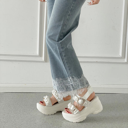 Shoes in Closet +9.0cm 軽量 厚底 ダブルベルト ビジューバックル スポーツサンダル 5920 ホワイト SIC-5920_WHT