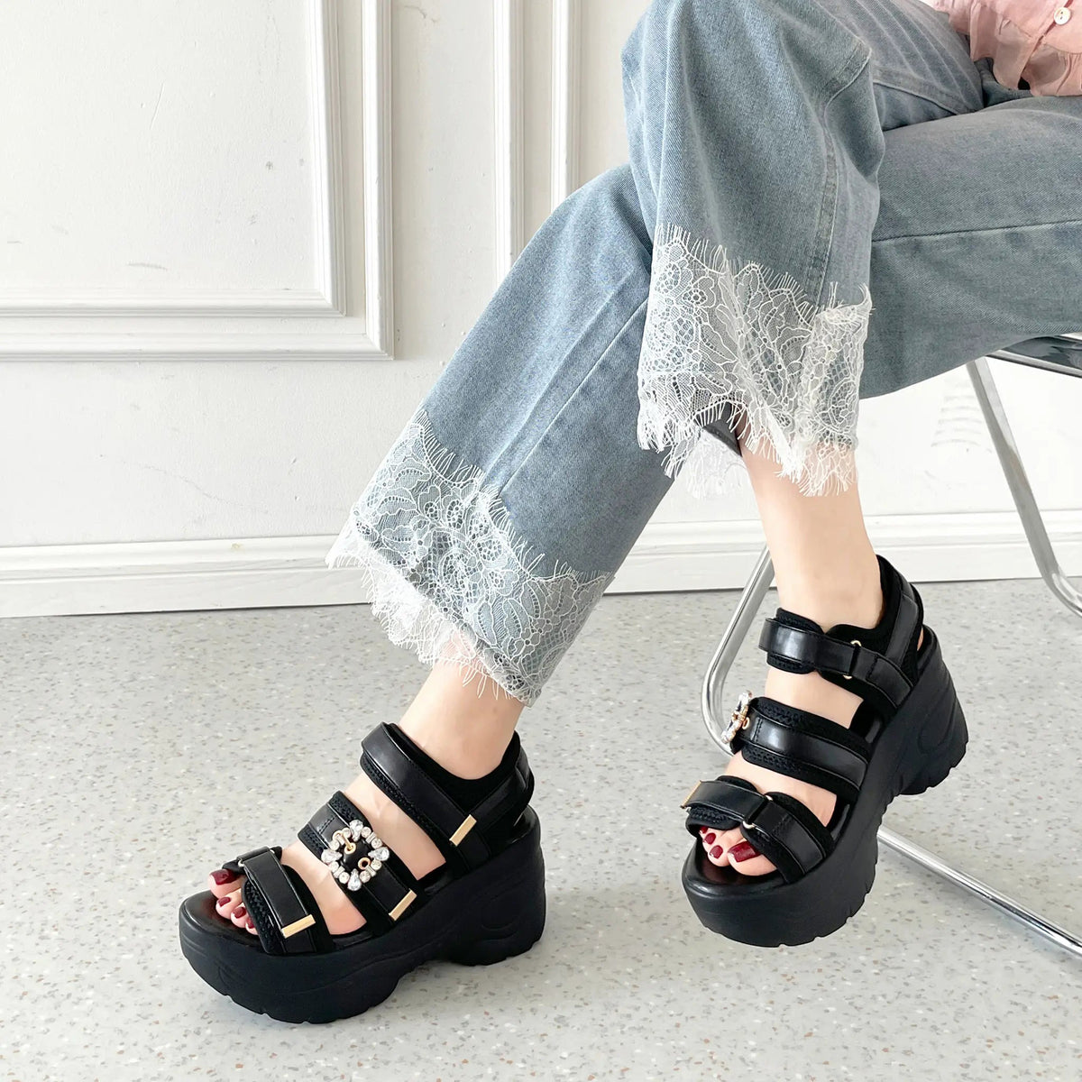 Shoes in Closet +9.0cm 超軽量 厚底 ビジューバックル サンダル 5989 ブラック/ブラック SIC-5989_BLK/BLK