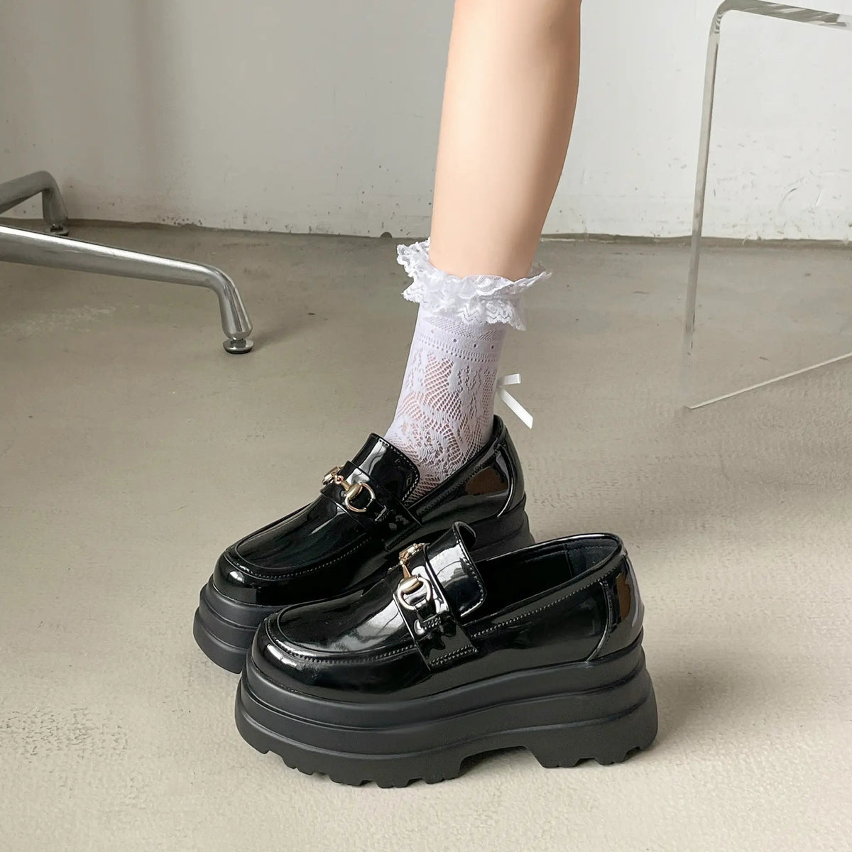 Shoes in Closet +8.5cm 軽量 厚底 トリプルソール ボリューム ビット ローファー 6319 ブラック/エナメル SIC-6319_BLK/E