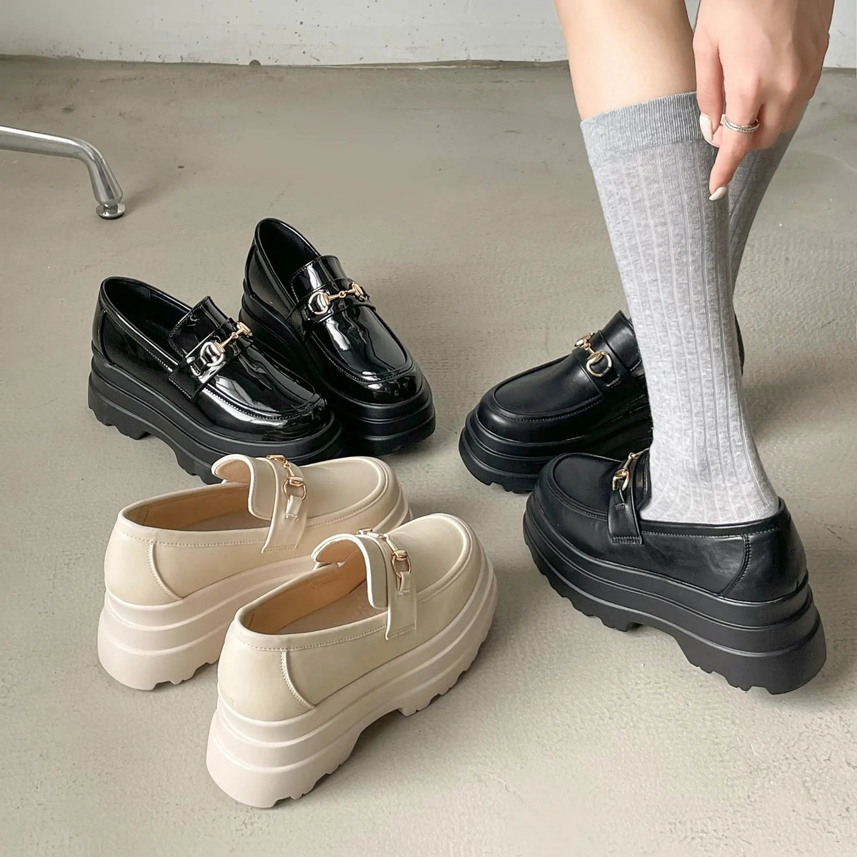 Shoes in Closet +8.5cm 軽量 厚底 トリプルソール ボリューム ビット ローファー 6319 アイボリー SIC-6319_IV/PU