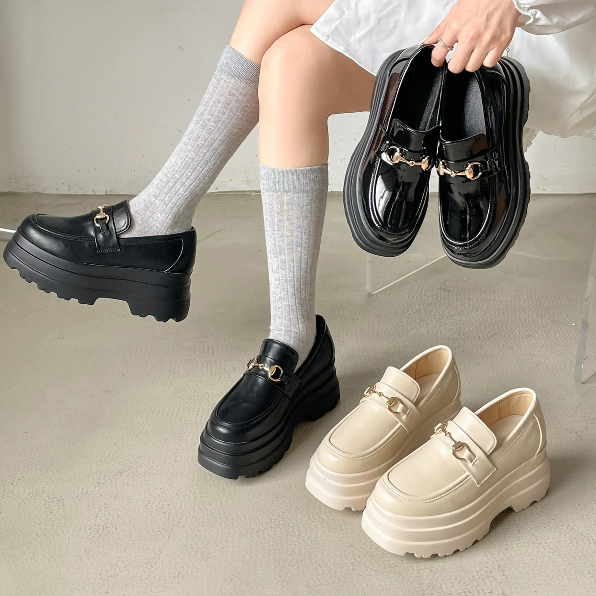 Shoes in Closet +8.5cm 軽量 厚底 トリプルソール ボリューム ビット ローファー 6319 アイボリー SIC-6319_IV/PU