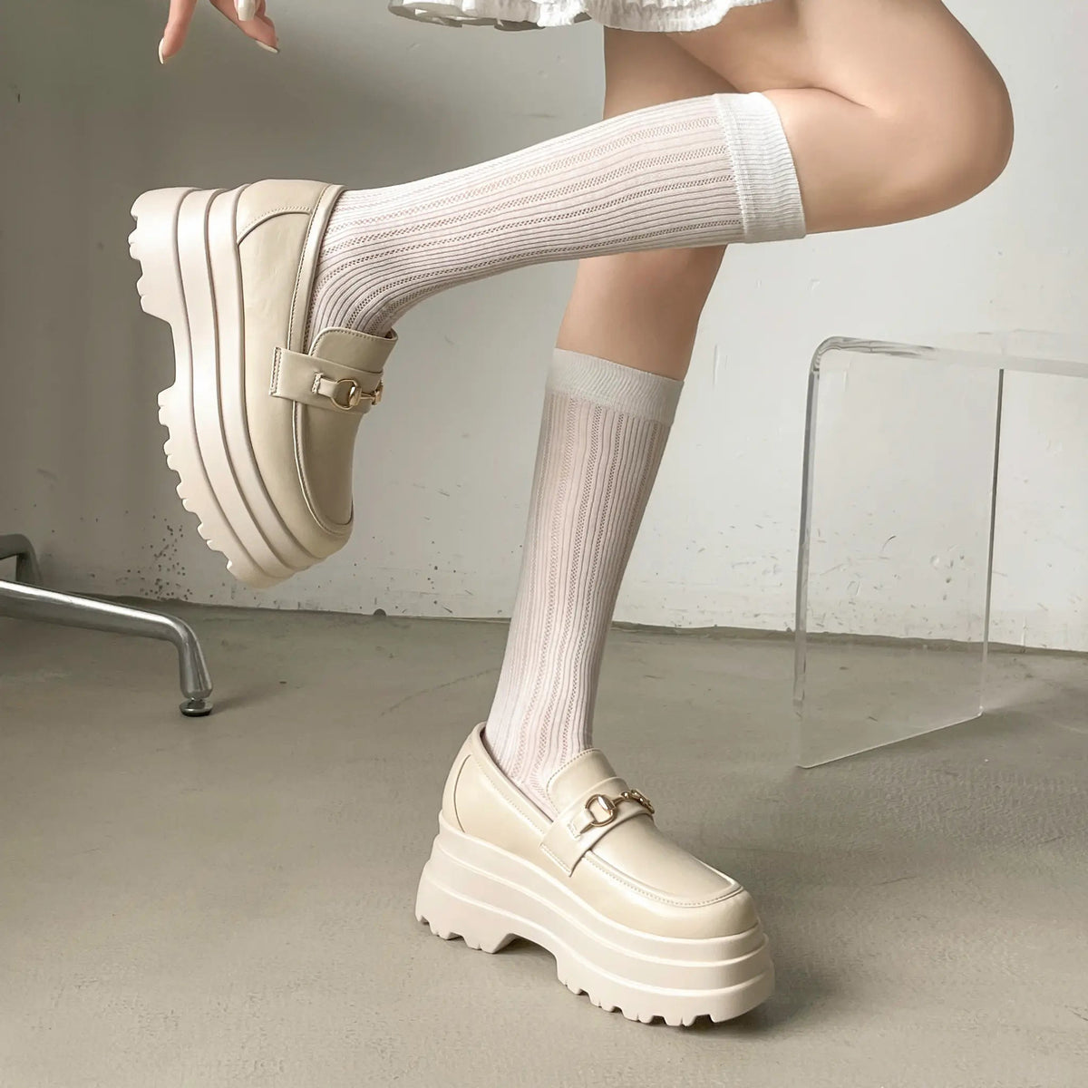 Shoes in Closet +8.5cm 軽量 厚底 トリプルソール ボリューム ビット ローファー 6319 アイボリー SIC-6319_IV/PU