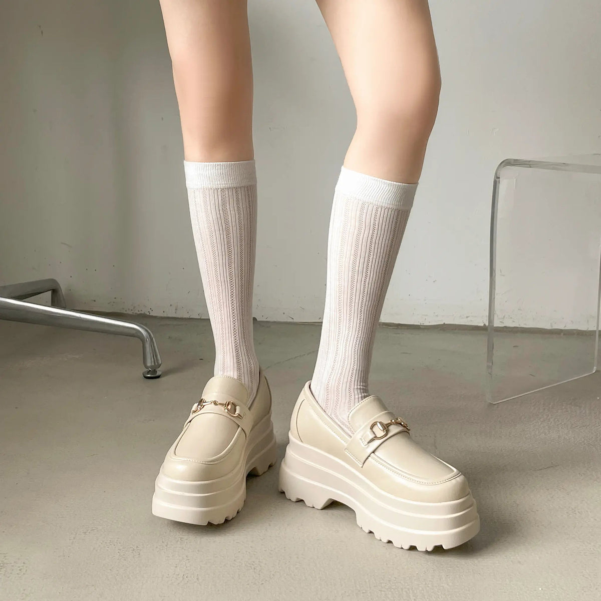 Shoes in Closet +8.5cm 軽量 厚底 トリプルソール ボリューム ビット ローファー 6319 アイボリー SIC-6319_IV/PU