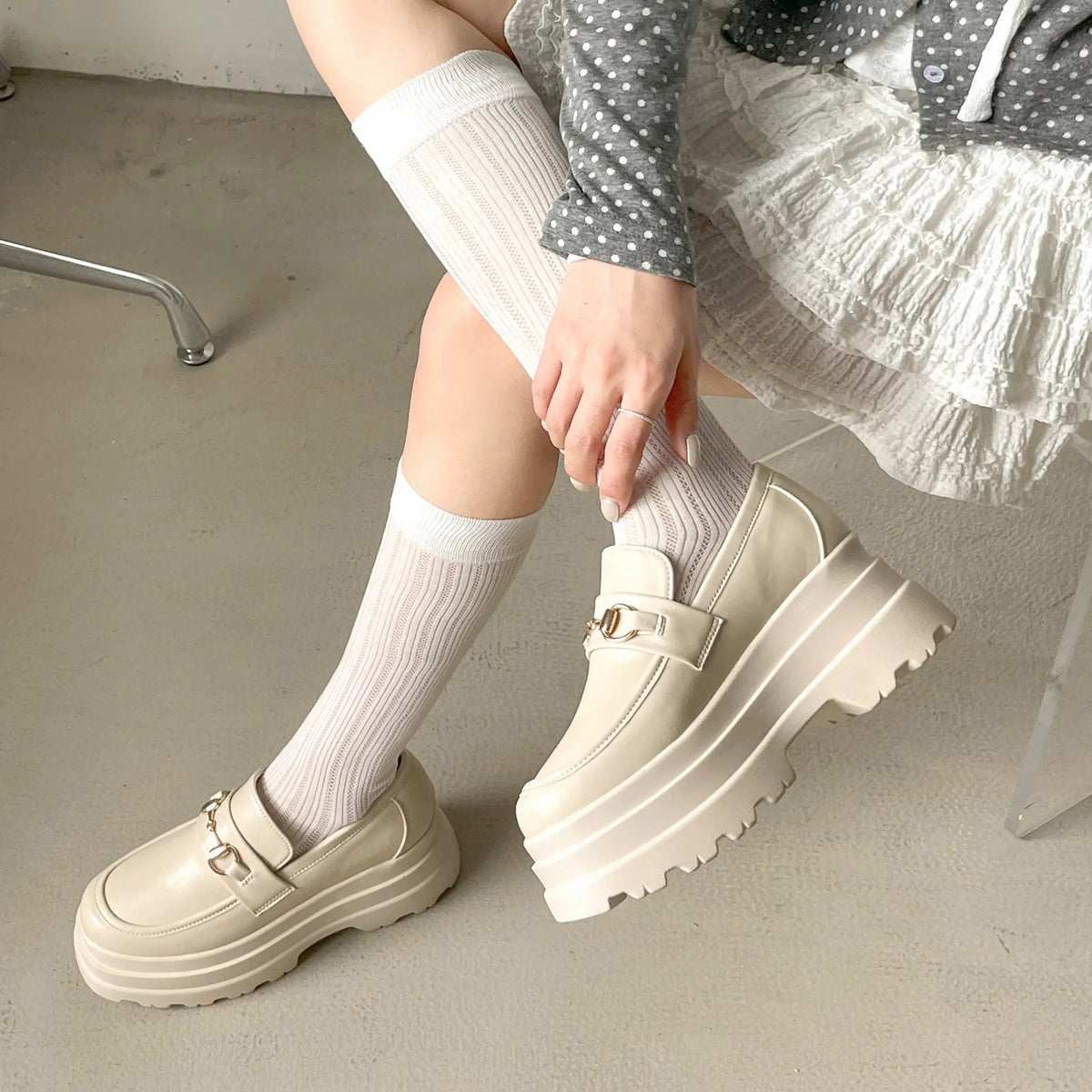 Shoes in Closet +8.5cm 軽量 厚底 トリプルソール ボリューム ビット ローファー 6319 アイボリー SIC-6319_IV/PU