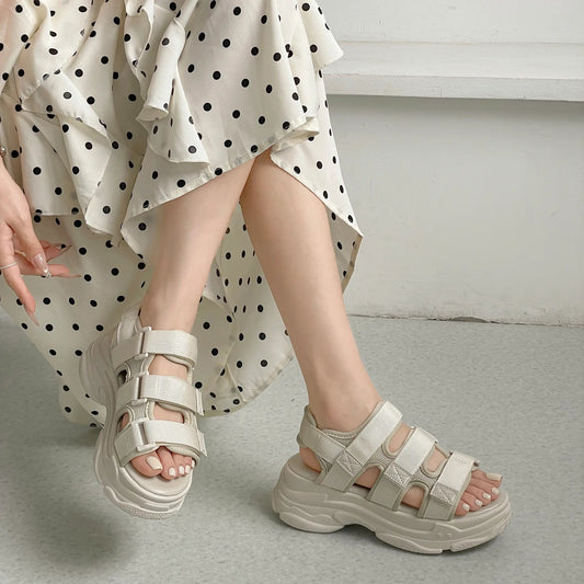 Shoes in Closet +6.0cm 軽量 厚底 クッションソール 3本ベルト シンプル スポーツ サンダル 7485 アイボリー SIC-7485_IV